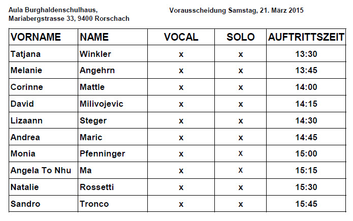 Eintracht sucht den Musicstar - Auftrittszeiten 21. März 2015